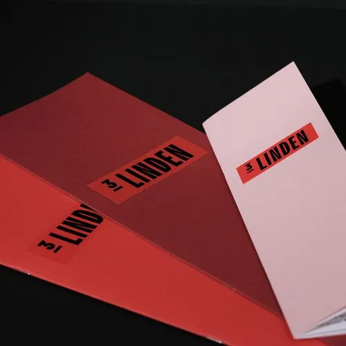 Three folded brochures in shades of red and pink, each labeled with a red sticker reading '31 LINDEN' in bold black letters.