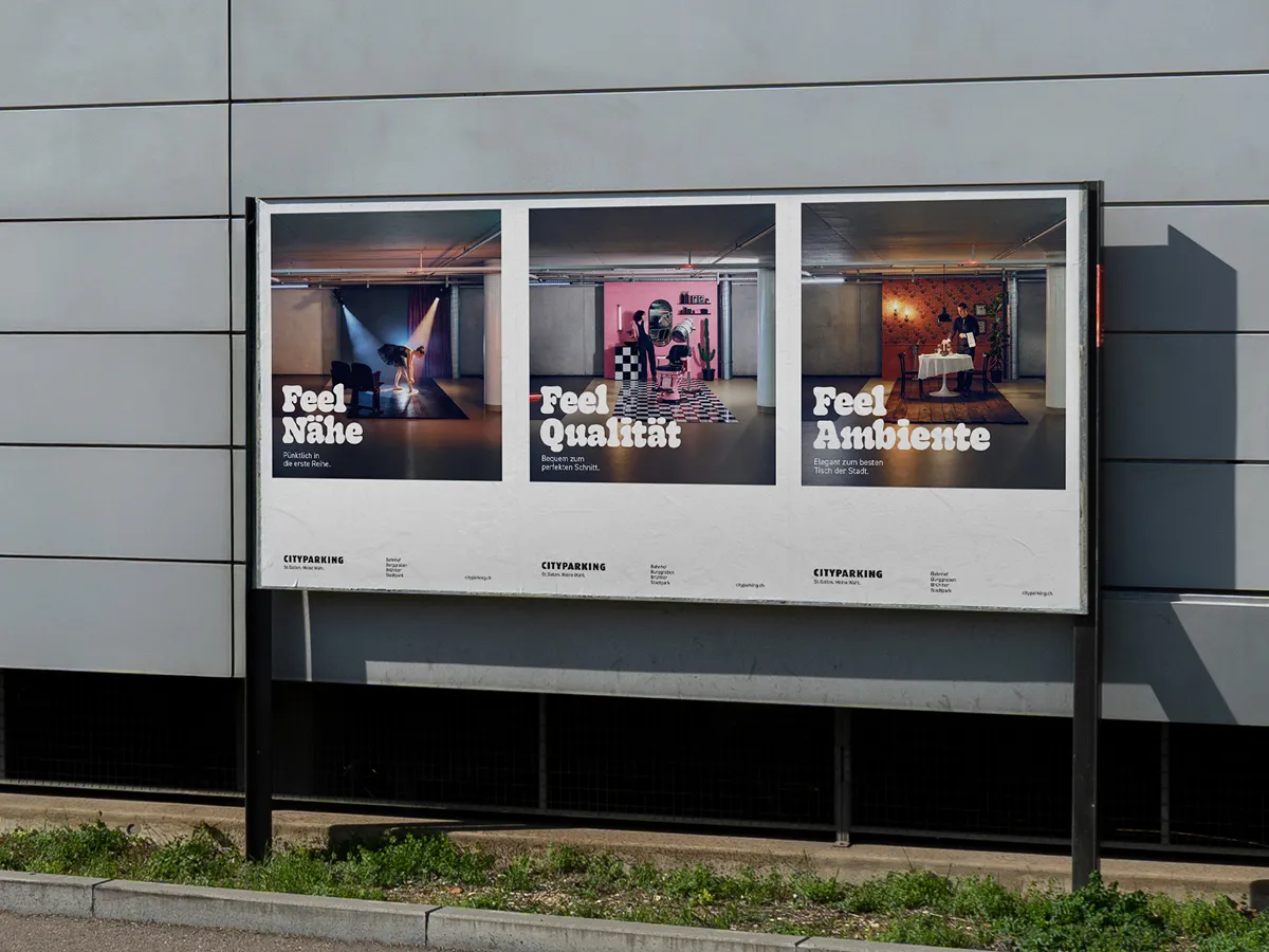 Outdoor billboard with three panels advertising CITYPARKING, showing scenes labeled Feel Nähe, Feel Qualität, and Feel Ambiente.