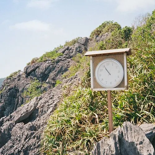 Outdoor clock mounted on a wooden pole surrounded by rocky terrain and green vegetation under a partly cloudy sky.