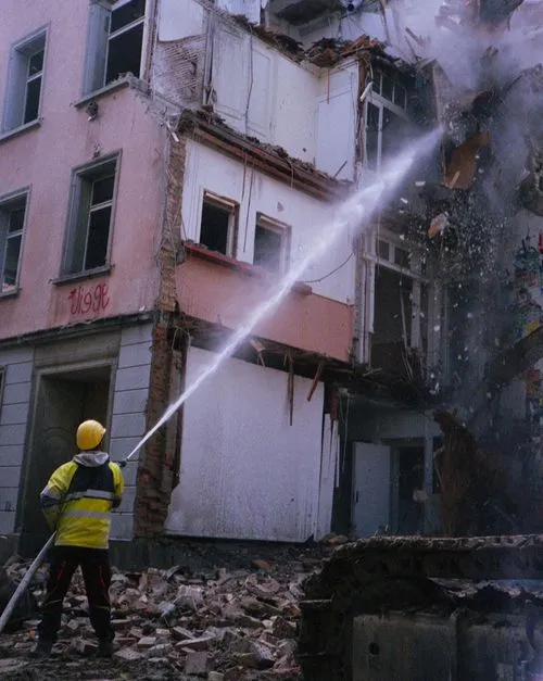 Construction worker wearing a yellow helmet and jacket spraying water with a hose at a partially demolished building.
