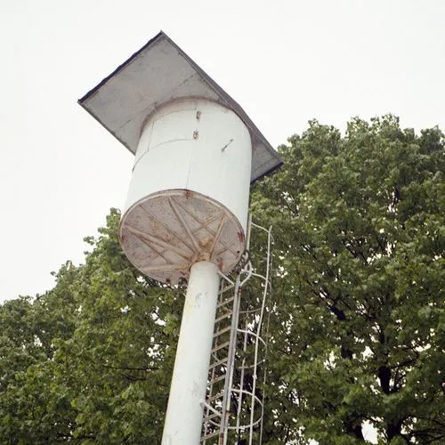 Tall white elevated view tower with a metal ladder and canopy, set against green tree foliage and overcast sky.